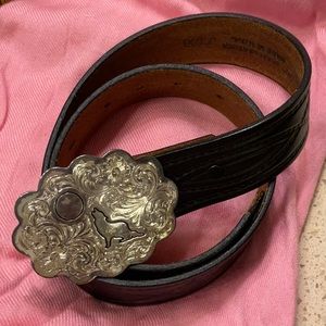 Black leather belt with sterling silver plated buckle
